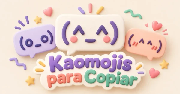 Carinhas de kaomoji em balões de conversa com expressões de alegria, surpresa e timidez.