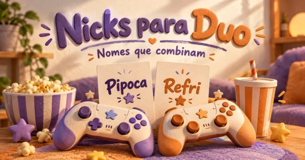 Dois controles de videogame e cartões com os nicks Pipoca e Refri em tons de roxo e laranja.