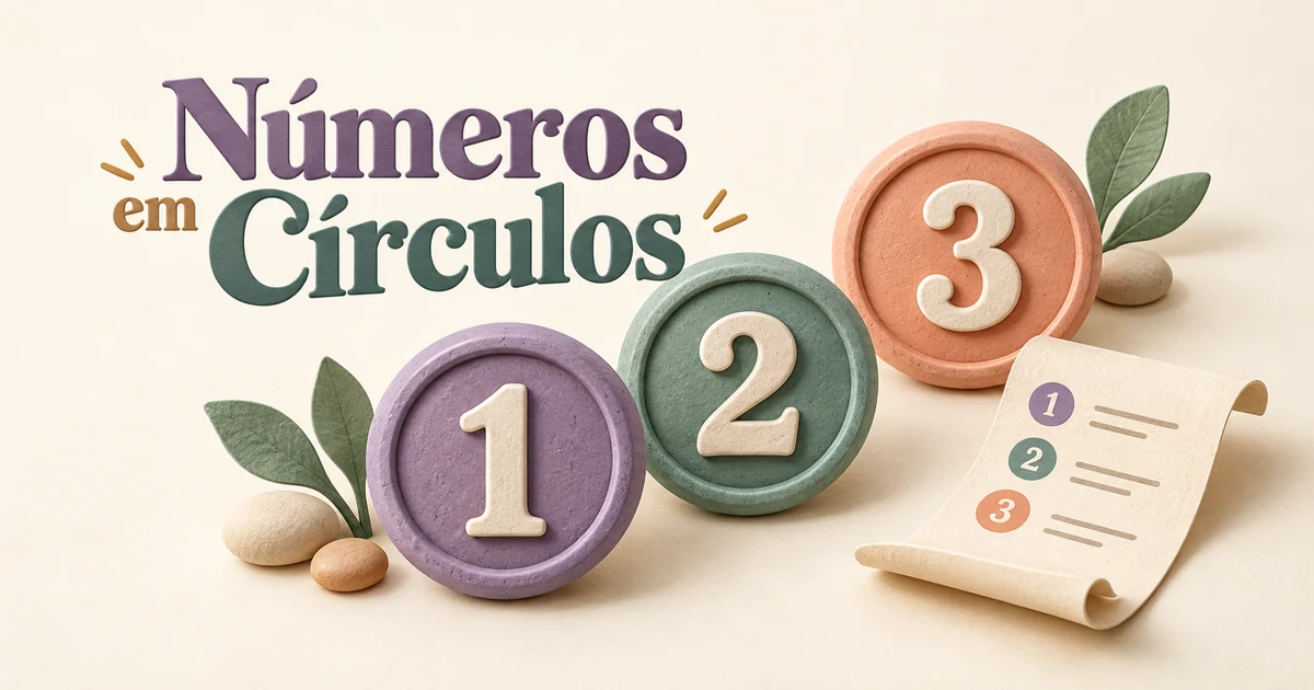 Três peças circulares com os números 1, 2 e 3 ao lado de uma lista numerada.
