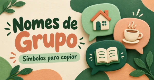 Balões de conversa com ícones de casa, café e livro ilustram nomes de grupos com símbolos.