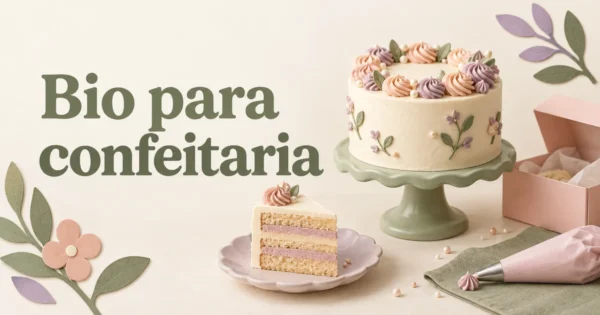 Bolo decorado, fatia e caixa de doces com o título Bio para confeitaria